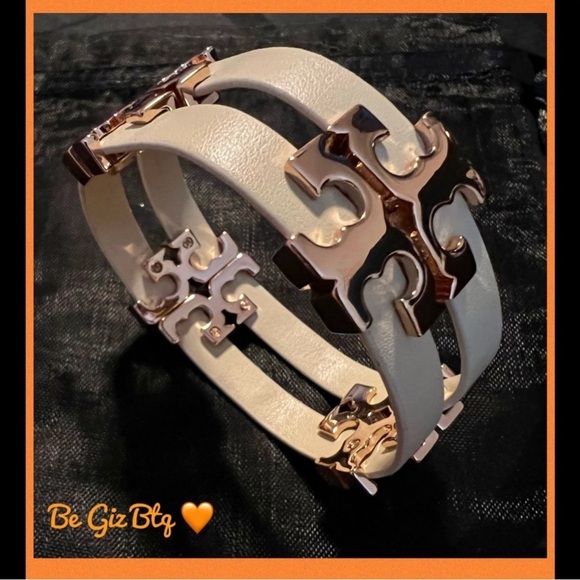 Tory Burch Authentic Serif T Stacked Leather Sand Rose Gold Wrap Bracelet - Picture 4 of 9